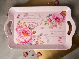 Elegant Floral Printed Rectangular Serving Tray with Handles (Set of 6)