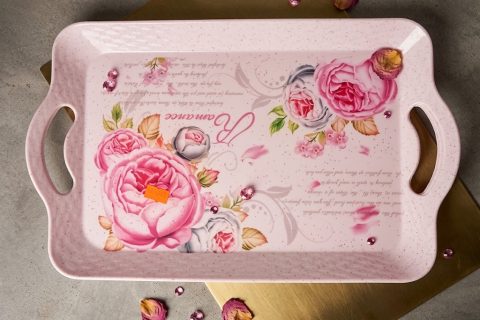 Elegant Floral Printed Rectangular Serving Tray with Handles (Set of 6)